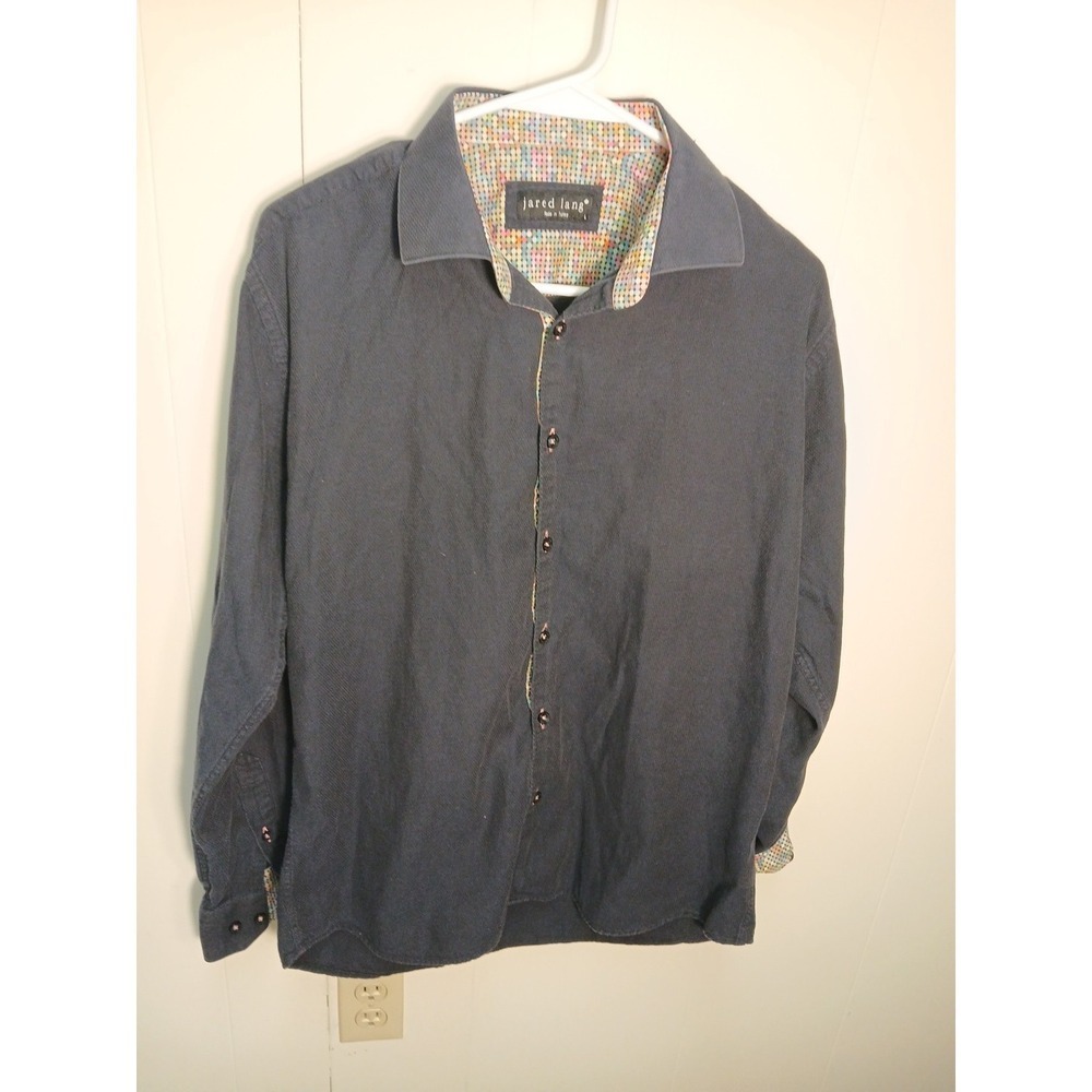 Jared Lang Shirt Mens Large Navy ‎ Flip Cuff Colorful Trim Button!!